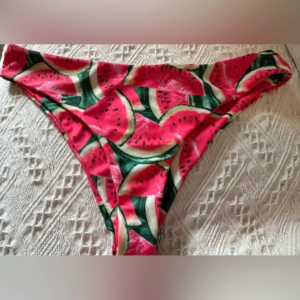 Watermelon Print Bikini Bottoms Pink Green Fruit‎ Swimwear Size Large